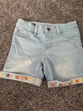 Vigoss Light Blue Rolled Hem Denim Shorts with Embroidered Trim